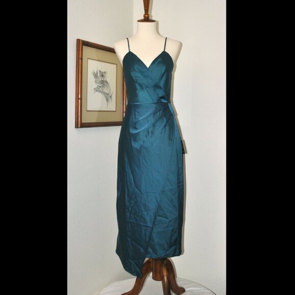 New Lulu's Teal Midi Dress Size Medium Large Asymmetrical Faux-Wrap - Picture 1 of 10
